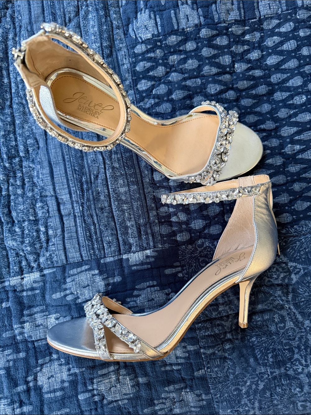 Jewel Badgley Mischka Metallic Silver Crystal-Strap Stilettos